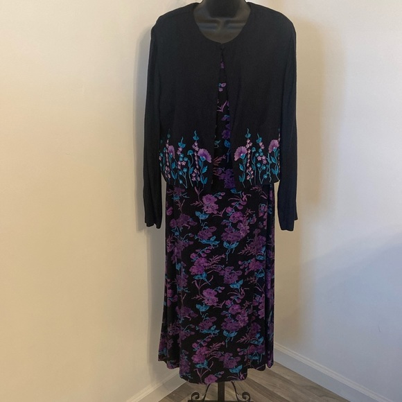 Vtg Sarah Elizabeth Black Teal Purple Embroidered Beaded Dress Jacket Set Sz 10 - Picture 1 of 11